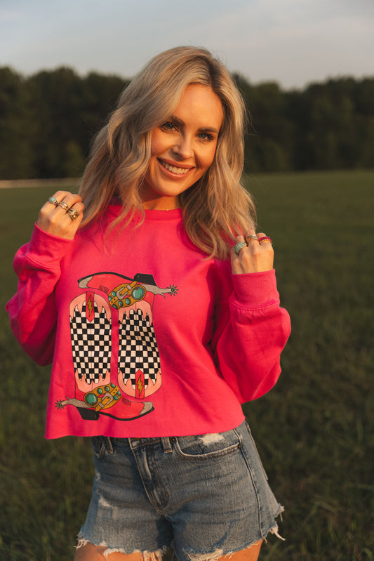 Ladies Checkered Boots Crewneck