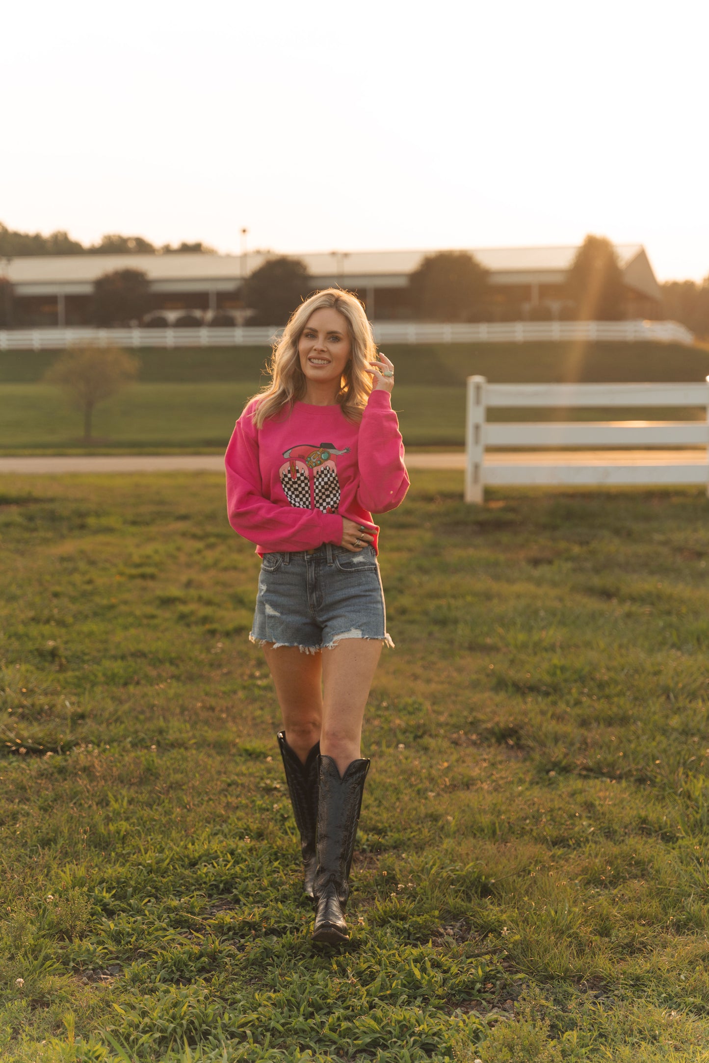 Ladies Checkered Boots Crewneck