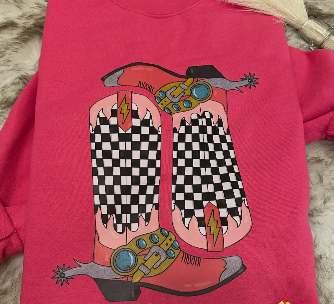 Ladies Checkered Boots Crewneck