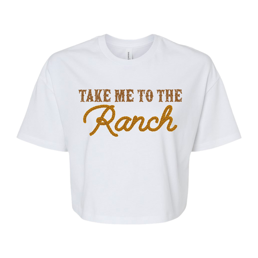 Ladies Take Me to the Ranch Cropped Tee - White